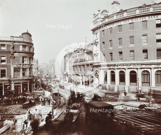 Tramway electrification at the junction of Goswell Road and Old Street, London, 1906. Artist: Unknown.