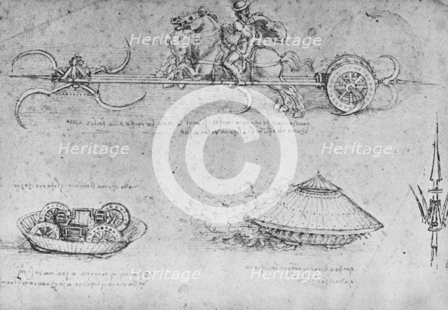 'A Chariot Armed with Scythes, Two Drawings of a Sort of Tank and a Partisan', c1480 (1945). Artist: Leonardo da Vinci.