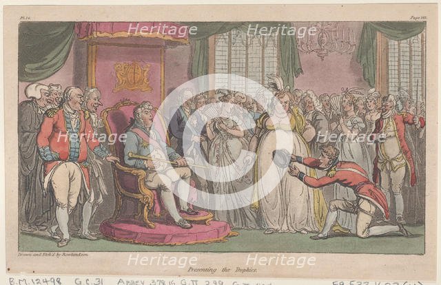 Presenting the Trophies, from "The Military Adventures of Johnny Newcome", 1815., 1815. Creator: Thomas Rowlandson.