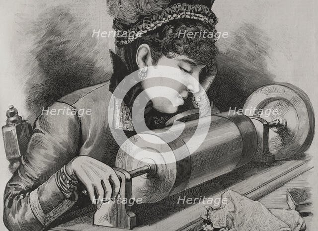 A "prima donna" singing by using Edison's phonograph receiver, 1878. Creator: Unknown.