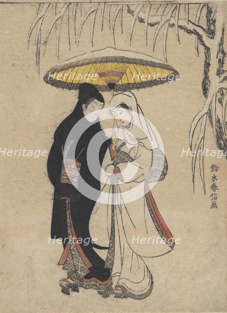Young Lovers Walking Together under an Umbrella in a Snow Storm (Crow and Heron), ca. ..., ca. 1769. Creator: Suzuki Harunobu.