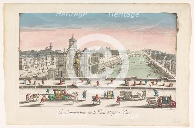 View of the water pump Samaritaine on the ferry Neuf over the Seine River in Paris, 1745-1775. Creator: Anon.