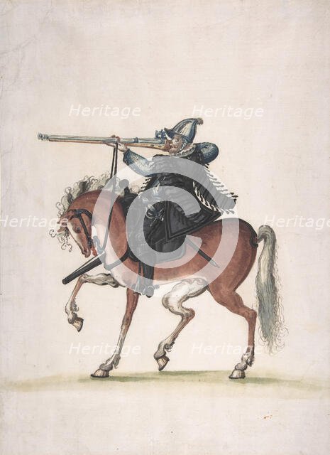 Drawing of a Mounted Arquebusier (Soldier on Horseback), late 16th century. Creator: Unknown.