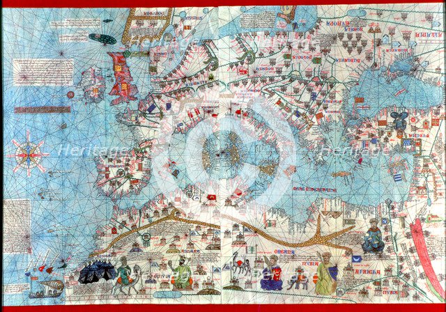 Catalan Atlas of 1375, detail of North Africa and Europe, reproduction from the Naval Museum of M…