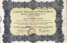 Action of 100 pesetas of the Compañía Sevillana de ferrocarriles, minas y metalurgia, S.A., Sevil…