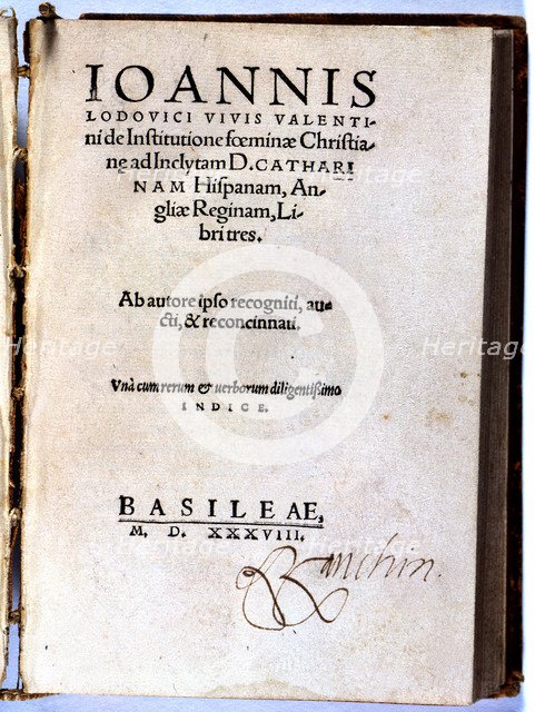 Copy of the first edition 'De Officio Mariti of Institutione Foeminae Christianae' by Juan Luis V…