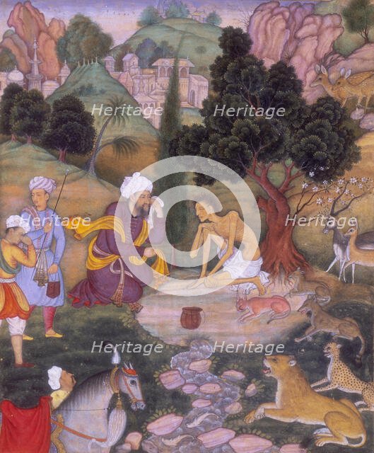 Salim telling Majnun of his mother's death, 1595. Creator: Nand Gwaliori.