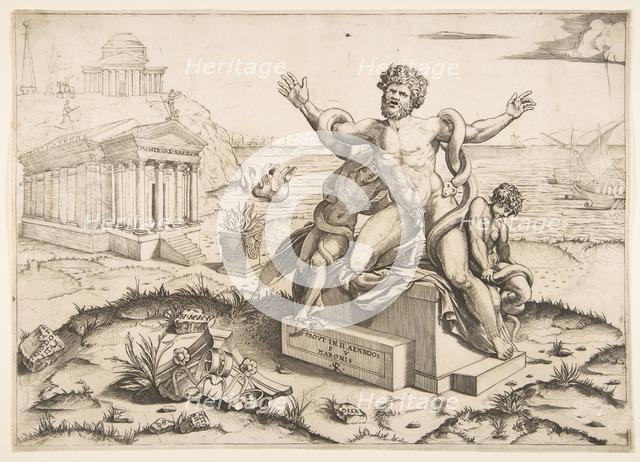 Laocoön and his two sons being attacked by serpents upon a pedestal, a temple to Mi..., ca. 1515-27. Creator: Marco Dente.