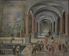 Festive Gathering and Figures from a Commedia dell'Arte in a Gallery, 1634. Creator: Monogrammist DB.