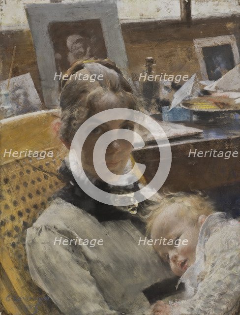 Studio Idyll. The Artist's Wife and their Daughter, 1885.