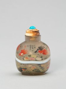 Snuff Bottle with Bug-Eyed Long-Tailed Fish and Fronds, Qing dynasty (1644-1911), dated 1909. Creator: Unknown.