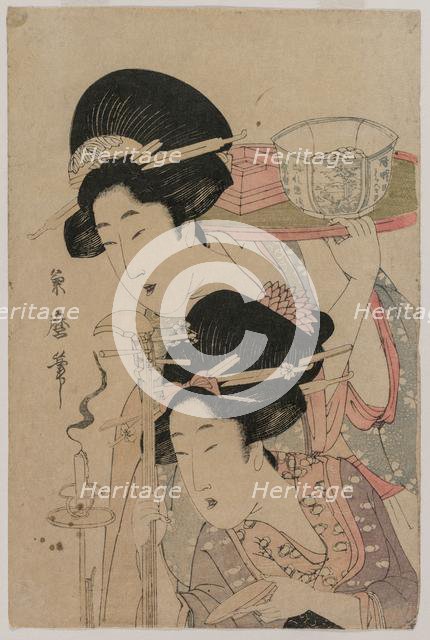 Two Geishas beside a Candle, mid 1800s. Creator: Kitagawa Kikumaro (Tsukimaro) (Japanese).