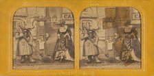 Scene from a play: woman dressed as a pig sweeping with another woman dressed as a bird, 1860s. Creator: Adolphe Block.