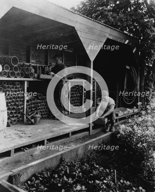 Gardeners potting plants in a shed, posed to...Rudyard Kipling's poem The Glory of the Garden, 1917. Creator: Frances Benjamin Johnston.