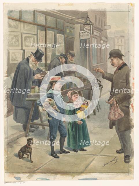 Man shows two children toys on the pavement outside a print shop, c.1875-c.1925. Creator: Pedro de Weyer.