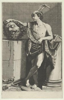 David standing with crossed legs and holding the head of Goliath on a pedestal at lef..., 1600-1700. Creator: Anon.