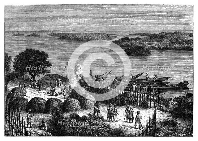 An encampment on the River Congo, Africa, c1890. Artist: Unknown