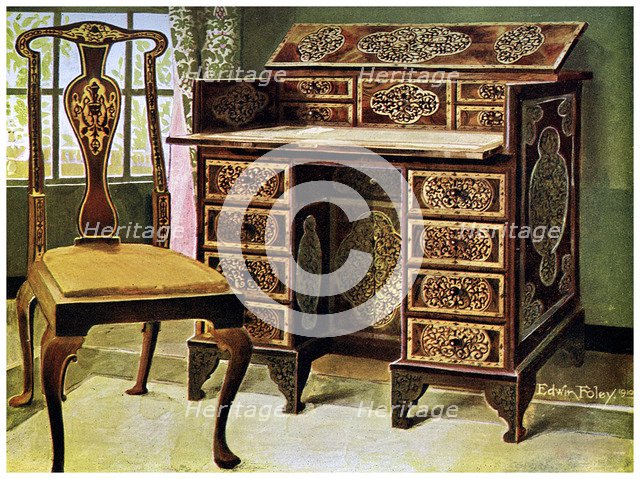 Walnut inlaid writing table, 1910.Artist: Edwin Foley