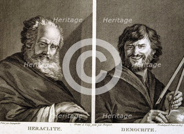 Engraving with Heraclitus 535-484 BC. and Democritus 460-370 BC., Greek philosophers.