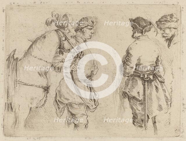 Pole Holding the Bridle of a Horse while Speaking with Two Other Men. Creator: Stefano della Bella.