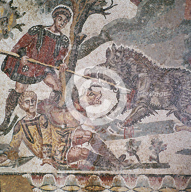 Detail of a Roman floor mosaic showing a boar hunt, 3rd century. Artist: Unknown