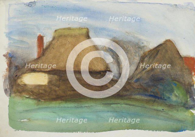 Study of thatched cottages in a landscape, c1875-1944. Creator: George Clausen.