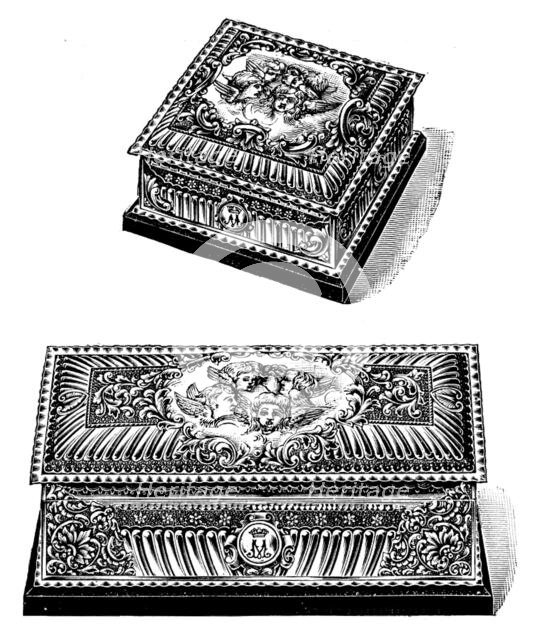 Silver gilt caskets for the toilet-table presented to the Duchess of York by Mr. Walter Mappin, 1895 Creator: Unknown.