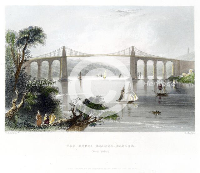 The Menai Bridge, Bangor, North Wales, 1841. Creator: William Henry Bartlett.