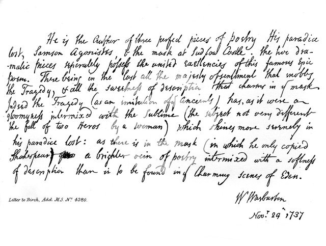 Part of a letter from Bishop Warburton, respecting the poems of Milton, 1737, (1840). Artist: William Warburton