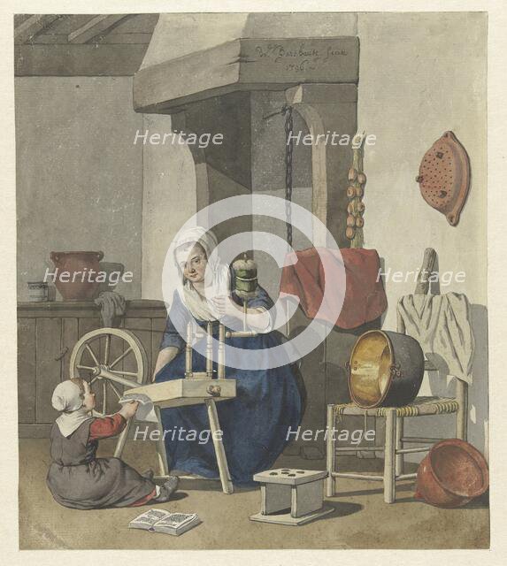 Interior with a spinning woman with a child, 1796. Creator: W. Barthautz.