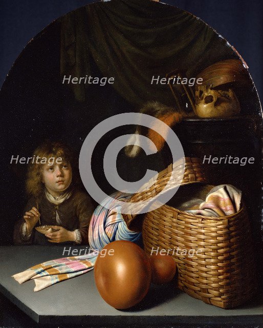 Still Life with a Boy Blowing Soap-bubbles, c. 1635. Artist: Dou, Gerard (Gerrit) (1613-1675)