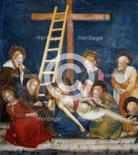 Pietà' Jesus dead in his mother's arms and the Apostles, detail of picture of Ferrer Bassa, prese…