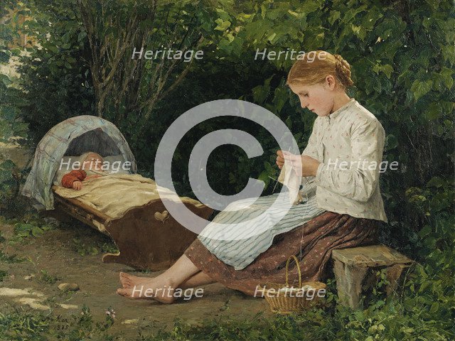 Knitting girl watching the toddler in a craddle.