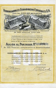 500 pesetas share from the Ferrocarriles Económicos Españoles, S.A., from Girona to Palamos, Barc…
