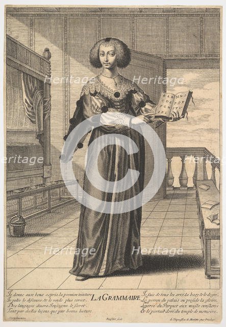 Grammar: a young woman standing in a decorated interior holding an open book in her lef..., 1633-35. Creator: Gilles Rousselet.