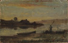 Untitled (landscape, boat moored near bank with man walking), 1896. Creator: Edward Mitchell Bannister.