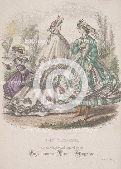 Two women and a child with a butterfly net model the latest fashions, 1864. Artist: Anon