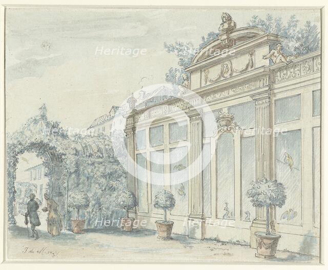 View in a French garden with gentleman and lady, 1700-1800. Creator: J de Marsy.