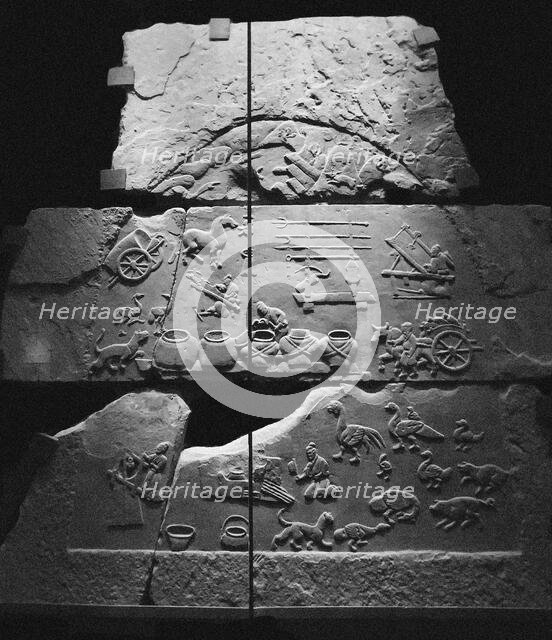 Pictorial stone with manor livelihood scene, 25-220. Creator: Central Asian Art.