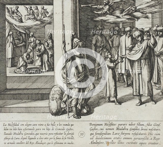 The Fates Weave the Life Thread of Mudarra, Son of Gonzalo Gustos. He is Dubbed a Knight..., 1612. Creator: Antonio Tempesta.