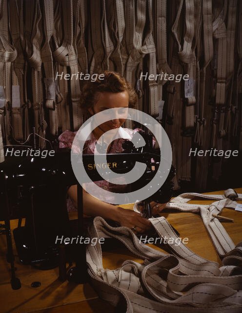 Making harnesses, Mary Saverick stitching, Pioneer Parachute Company Mills, Manchester, Conn., 1942. Creator: William Rittase.