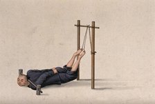 A Chinese man confined to a contraption which ties his legs on to a wooden gallows whilst... Creator: Unknown.