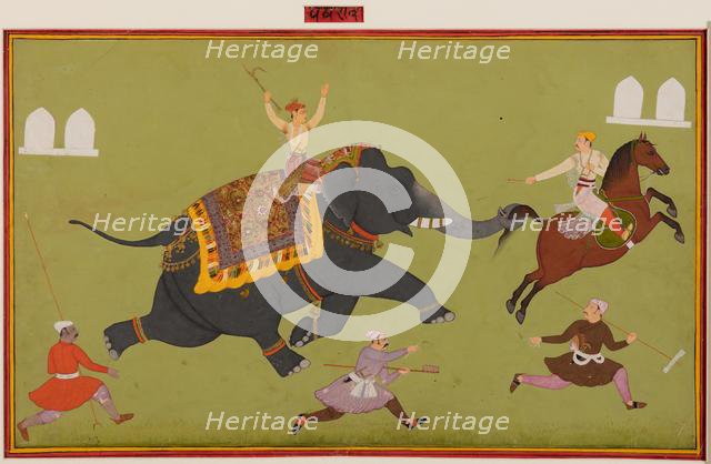 Jai Singh’s elephant Pakhrao, gone amuck and catches a horse by the tail, c. 1680. Creator: Unknown.