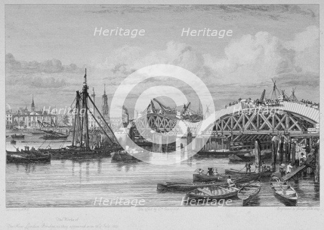 London Bridge under construction, 1827. Artist: George Cooke