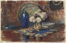 Still life with blue bottle and vase of flowers, 1921. Creator: Willem Elisa Roelofs.