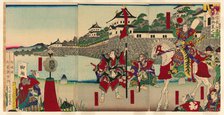 Lord Oda Nobunaga Viewing the Restoration of Kiyosu Castle (Oda Nobunaga ko Kiyosujo..., 1888. Creator: Yoshifuji.