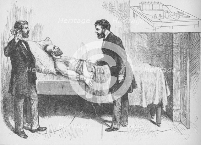 'Alexander Graham Bell and assistant use an electrical detector to find a bullet in the torso of ail Artist: W Shinkle.
