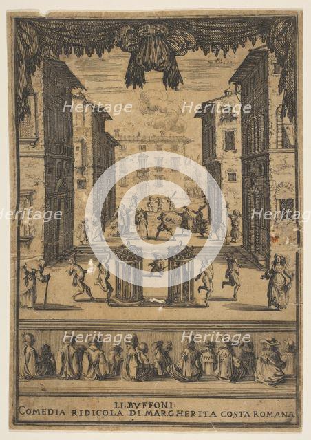 Frontispiece for the comedy 'The Buffoons' (Li Buffoni), a set on stage resembling a p..., ca. 1639. Creator: Stefano della Bella.