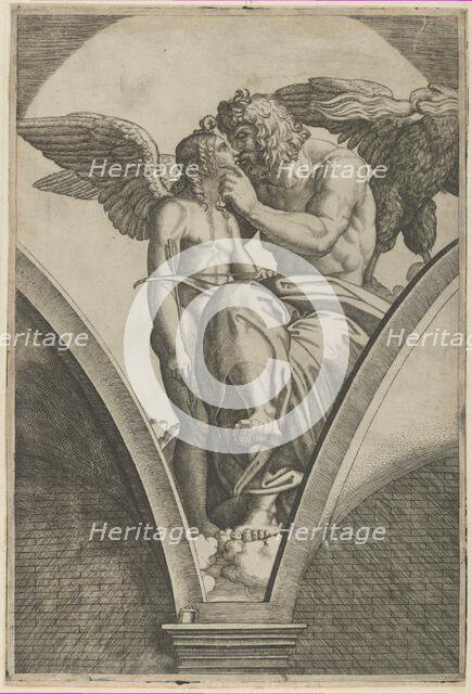 Jupiter embracing Cupid after Raphael's fresco in the Chigi Gallery of the Villa Fa..., ca. 1517-20. Creator: Marcantonio Raimondi.