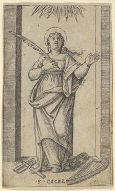 Saint Cecilia standing holding a palm of martyrdom in her right hand, from the se..., ca. 1500-1527. Creator: Marcantonio Raimondi.